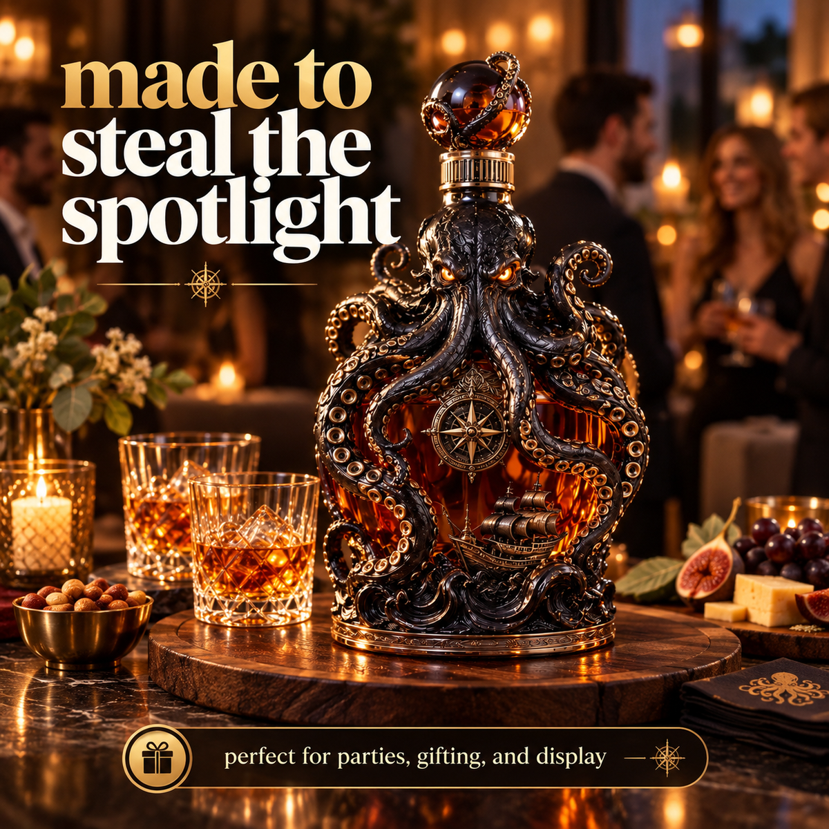 🐙Kraken Voyage Octopus Whiskey Decanter | Gothic Nautical Bar Centerpiece