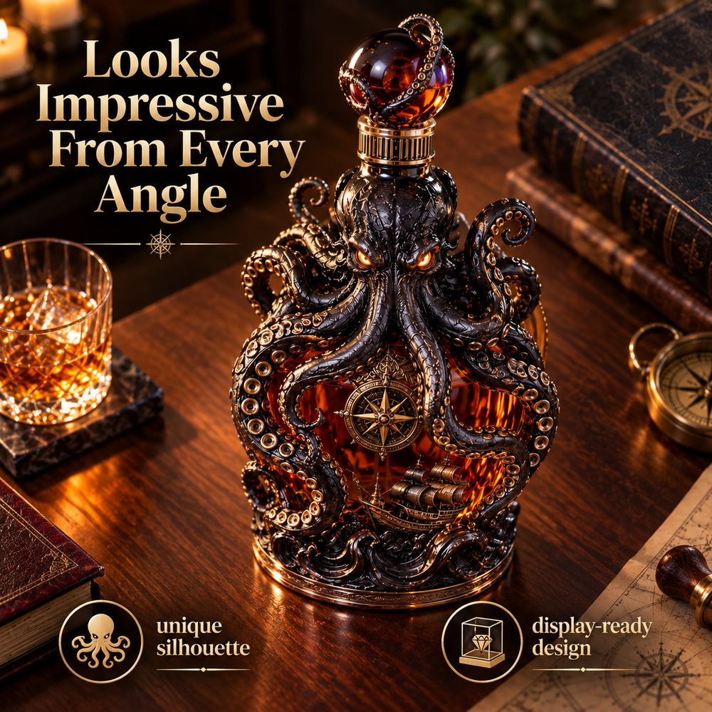 Kraken decanter shown in hand for scale