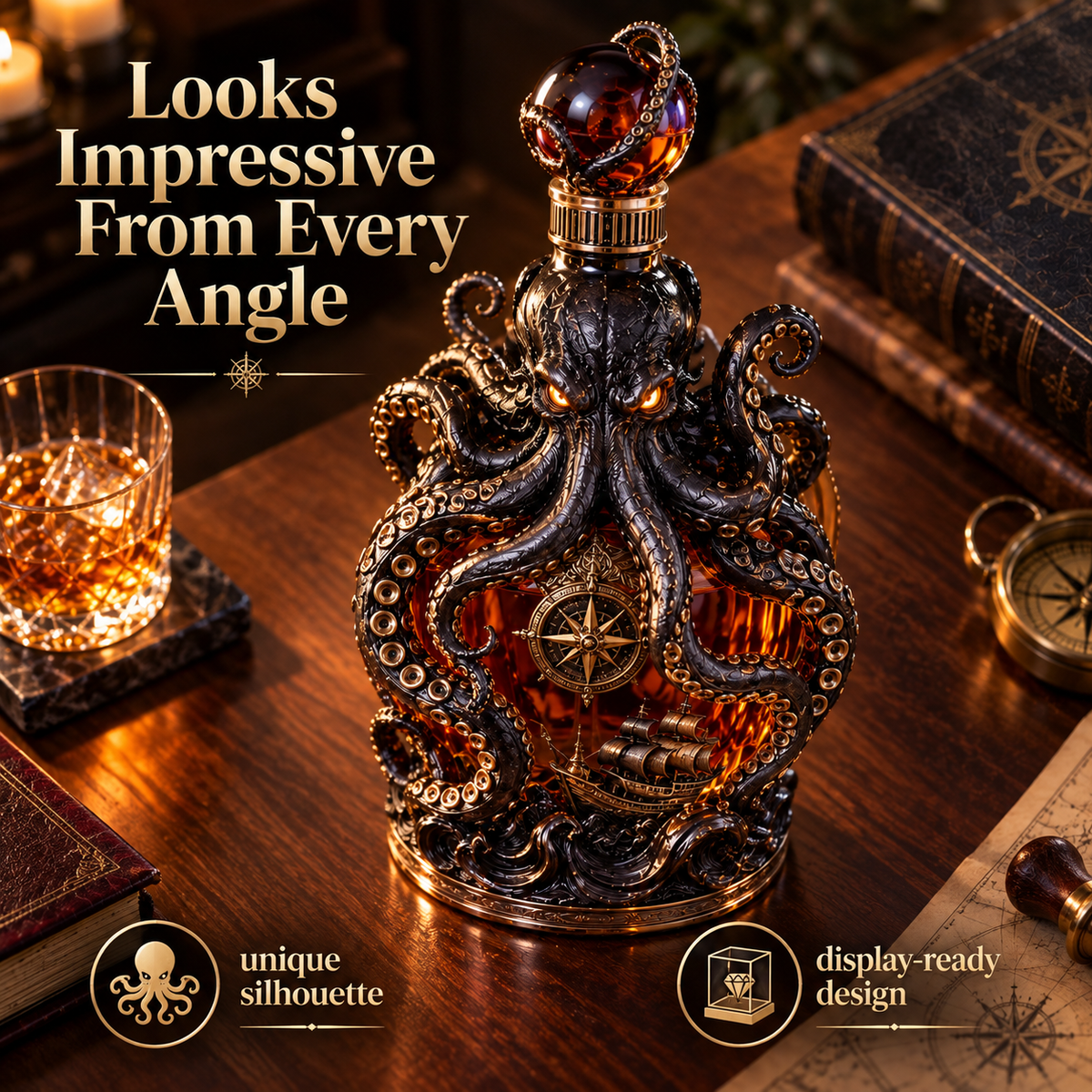 🐙Kraken Voyage Octopus Whiskey Decanter | Gothic Nautical Bar Centerpiece