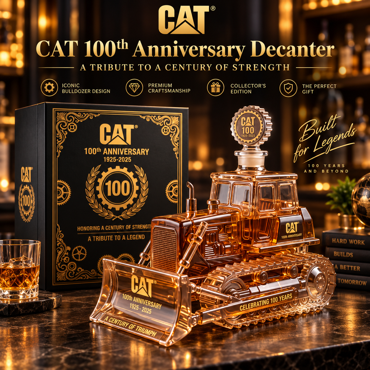 CAT 100th Anniversary Bulldozer Crystal Whiskey Decanter