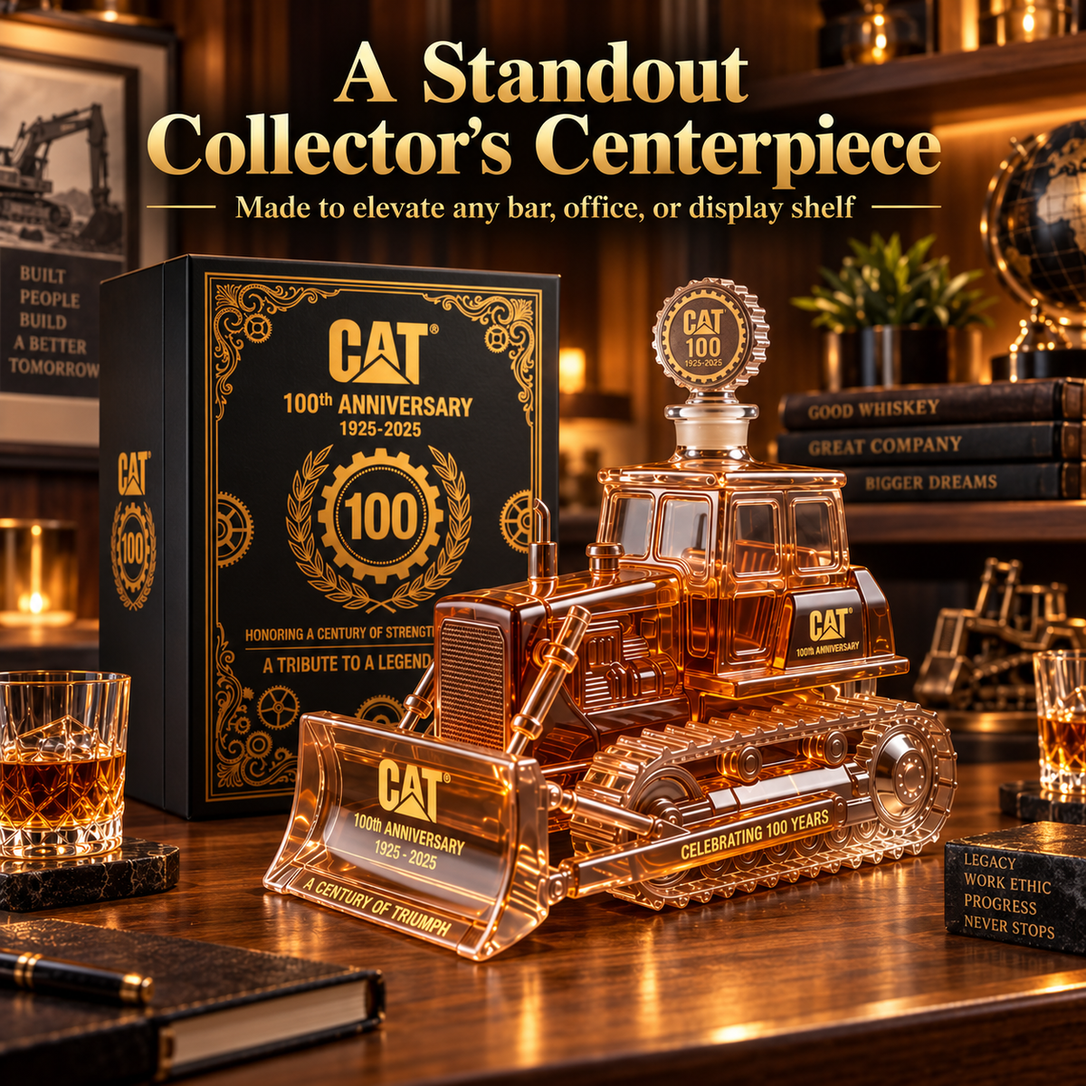 CAT 100th Anniversary Bulldozer Crystal Whiskey Decanter
