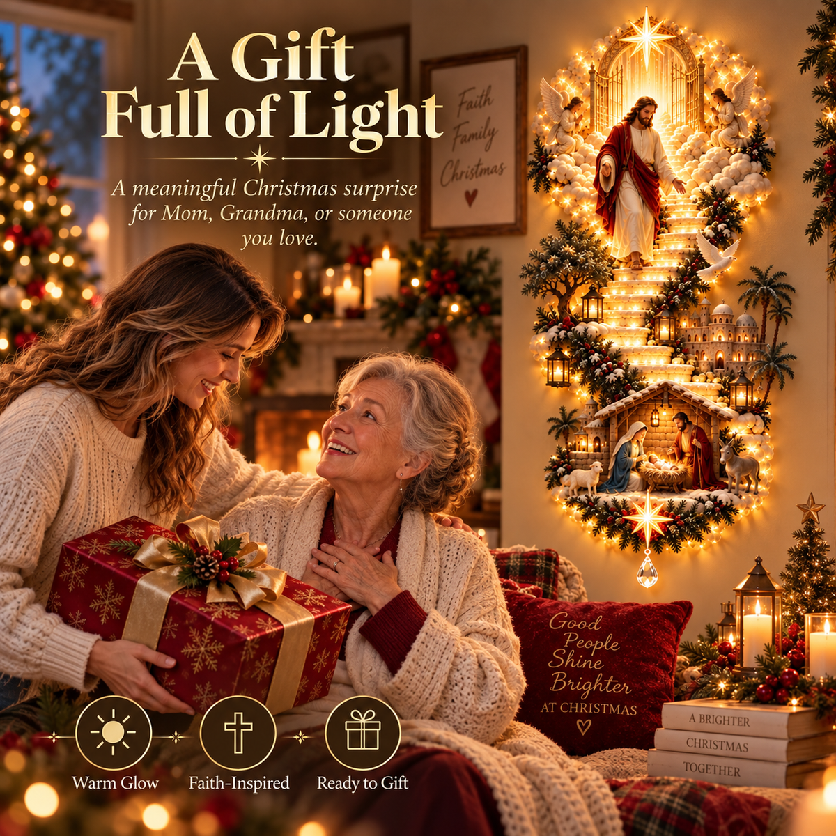 Christmas illuminated wall decoration in a quiet cozy home corner