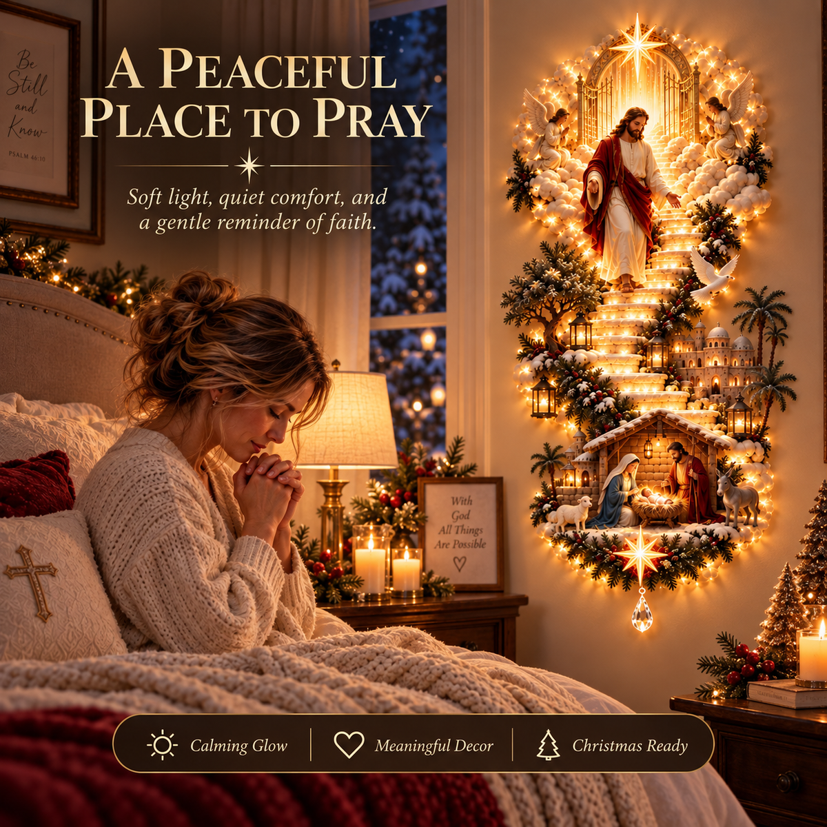 Close-up details of layered illuminated Nativity wall decoration