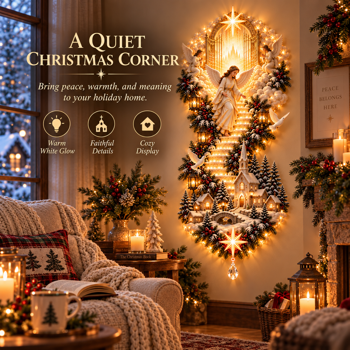 Woman praying beside illuminated Christmas Nativity wall decoration