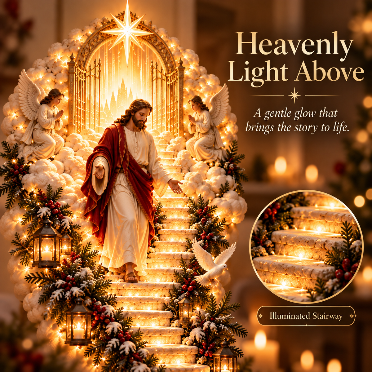 Day and night comparison of illuminated Nativity Christmas wall decor