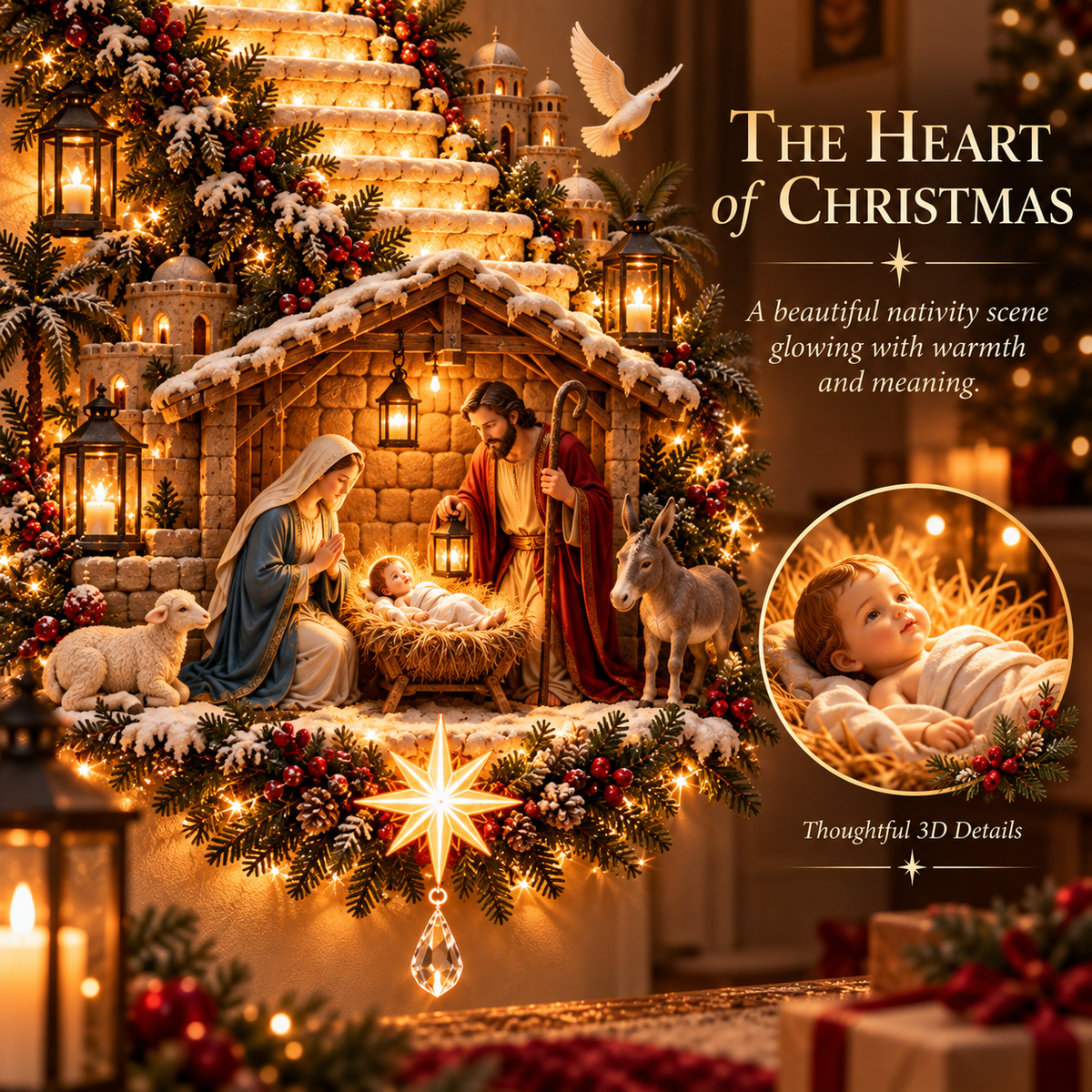 Detailed illuminated Christmas nativity wall decoration