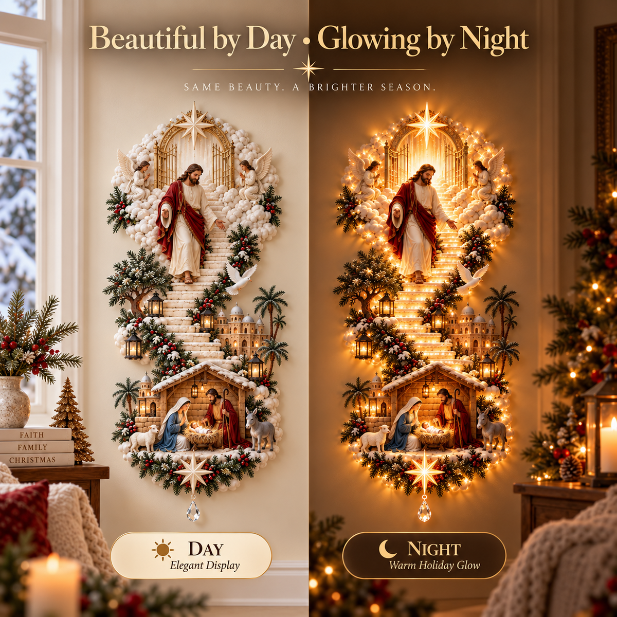 Christmas gift moment with faith-inspired illuminated Nativity wall decoration