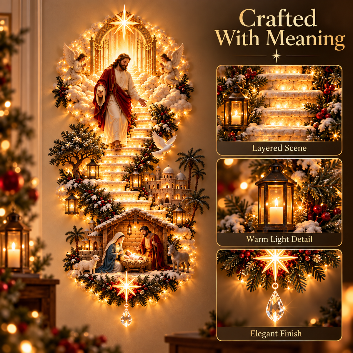 Heavenly light and stairway details of the Christmas wall decoration