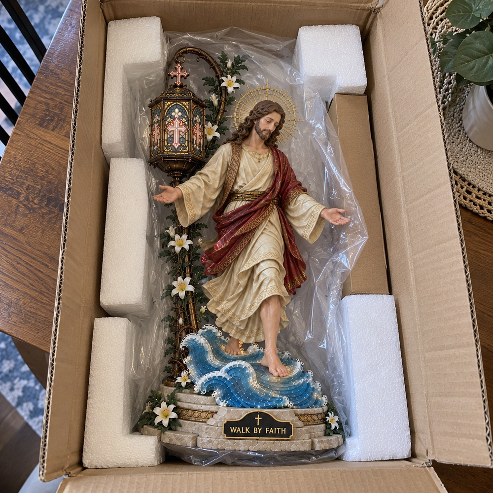 Hand adjusting illuminated Walk by Faith display