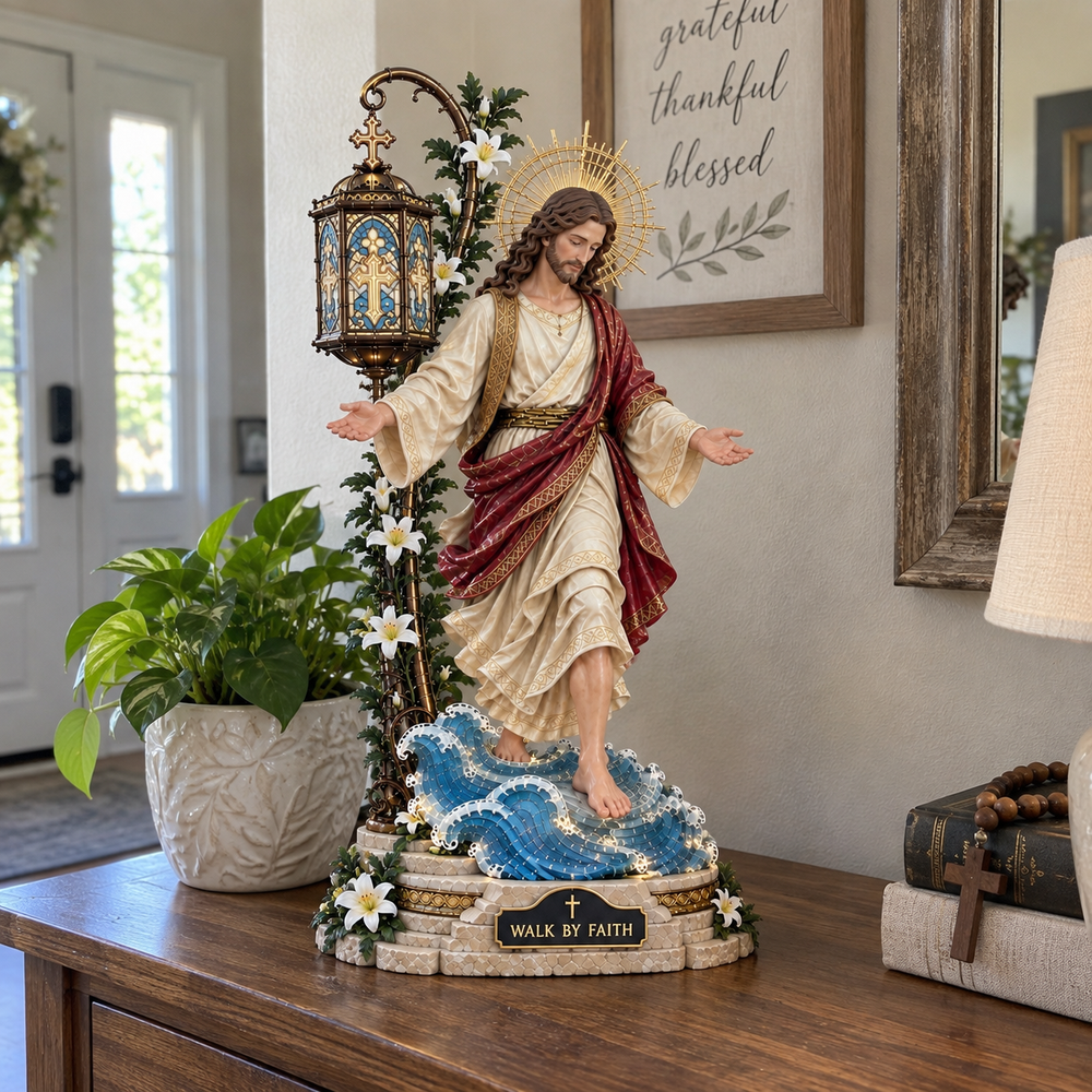Walk by Faith statue displayed unlit during daytime