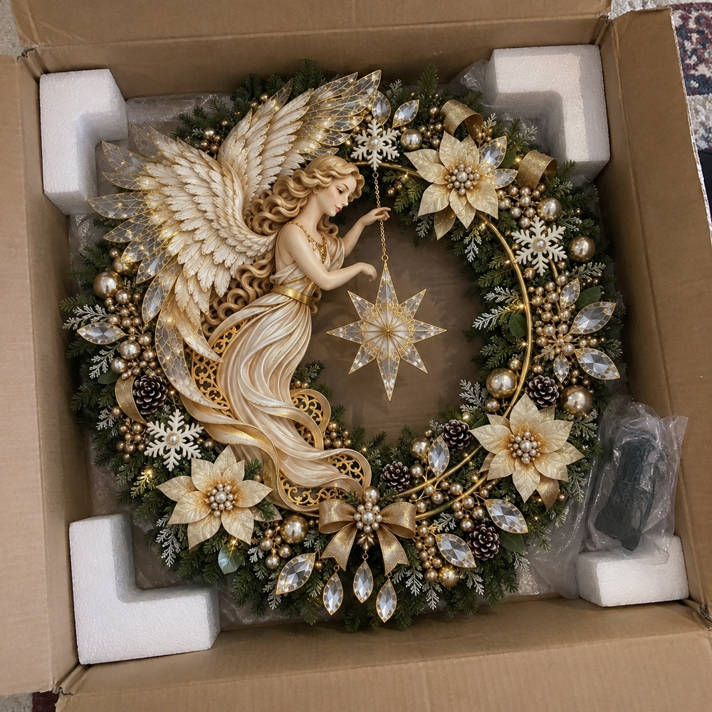Hand adjusting illuminated angel wreath on front door