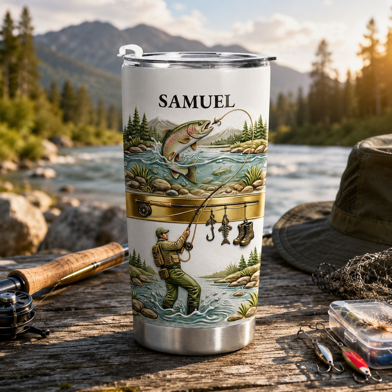 🎣🇺🇸 Personalized Fishing Tumbler – “A Peaceful Day on the River”