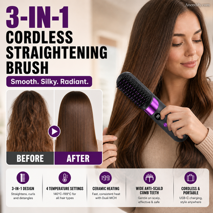 💇‍♀️ 3-in-1 Cordless Hair Straightening Brush – Straighten, Curl & Detangle Anywhere ✨