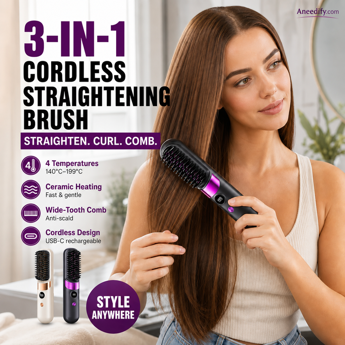 💇‍♀️ 3-in-1 Cordless Hair Straightening Brush – Straighten, Curl & Detangle Anywhere ✨