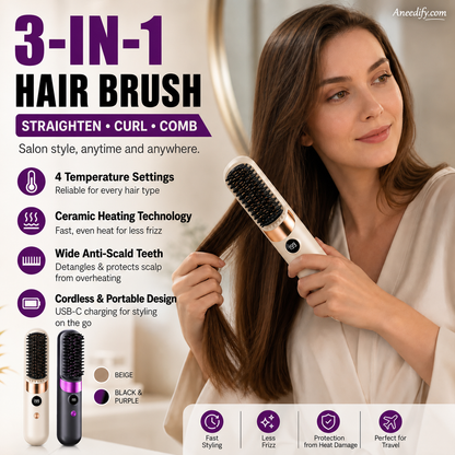 💇‍♀️ 3-in-1 Cordless Hair Straightening Brush – Straighten, Curl & Detangle Anywhere ✨