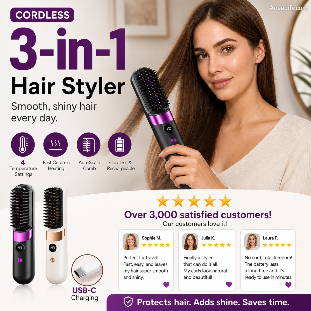 💇‍♀️ 3-in-1 Cordless Hair Straightening Brush – Straighten, Curl & Detangle Anywhere ✨