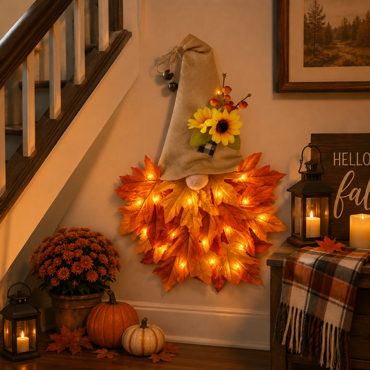 🍂🧙‍♂️Autumn dwarf hat wreath decoration with lights