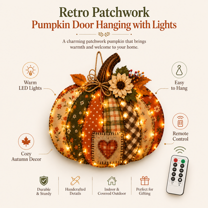 🍂🎃Autumn Retro Patchwork Pumpkin Door Hanging with Lights