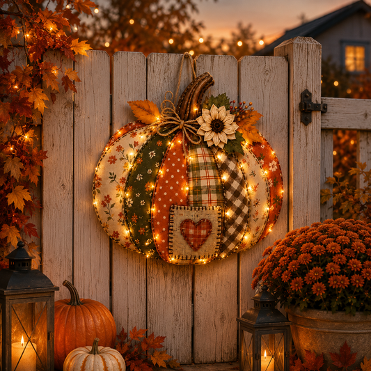 🍂🎃Autumn Retro Patchwork Pumpkin Door Hanging with Lights