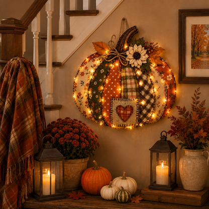🍂🎃Autumn Retro Patchwork Pumpkin Door Hanging with Lights