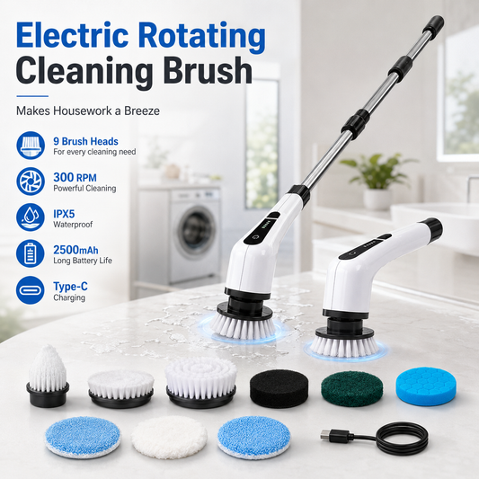 💦🏠 Electric Rotating Cleaning Brush  | 9 Brush Heads · 300 RPM · IPX5 Waterproof · 2500mAh Long Battery Life – Make Every Surface Shine
