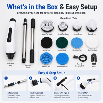 💦🏠 Electric Rotating Cleaning Brush  | 9 Brush Heads · 300 RPM · IPX5 Waterproof · 2500mAh Long Battery Life – Make Every Surface Shine