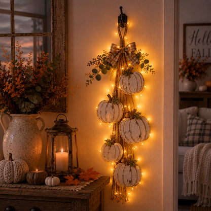 🎃Rustic White Pumpkin Hanging Swag – 5-Pumpkin Fall Wall & Door Decor
