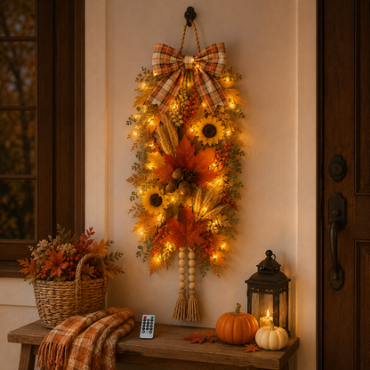 🍂🌻 Country-Style Harvest Door Hanging Decoration with Warm Lights