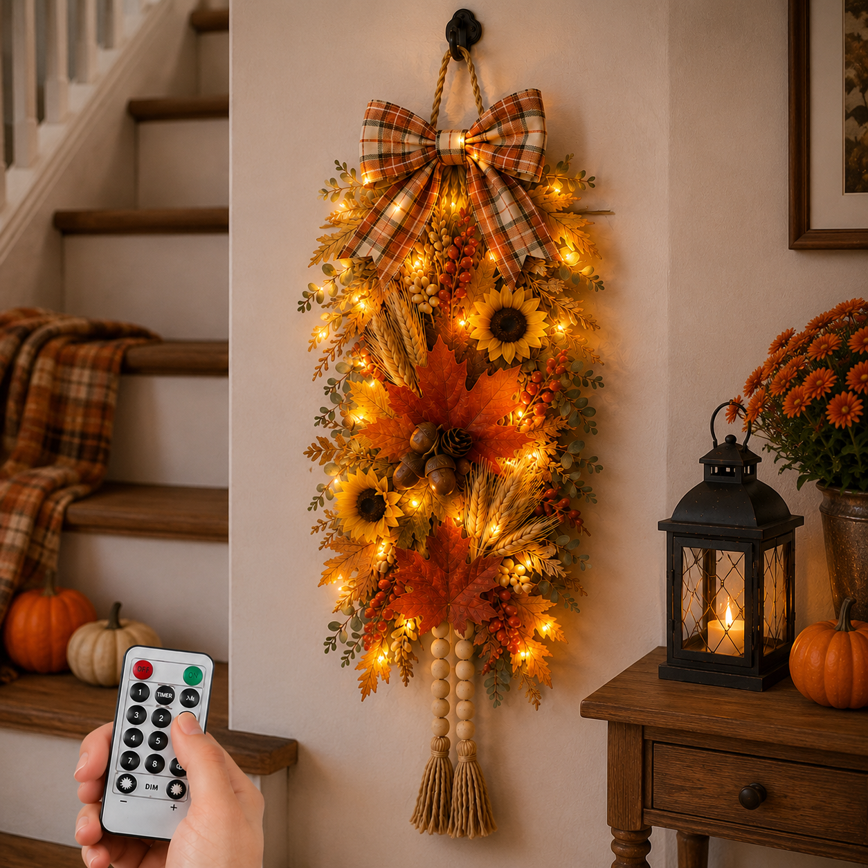 🍂🌻 Country-Style Harvest Door Hanging Decoration with Warm Lights