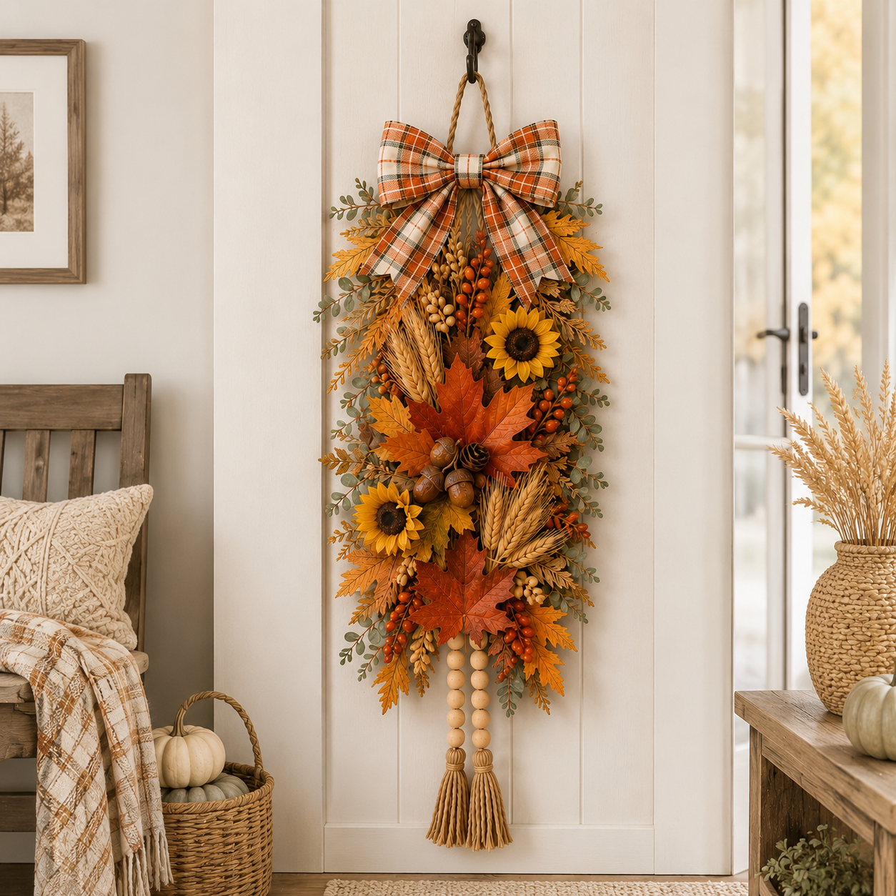 🍂🌻 Country-Style Harvest Door Hanging Decoration with Warm Lights