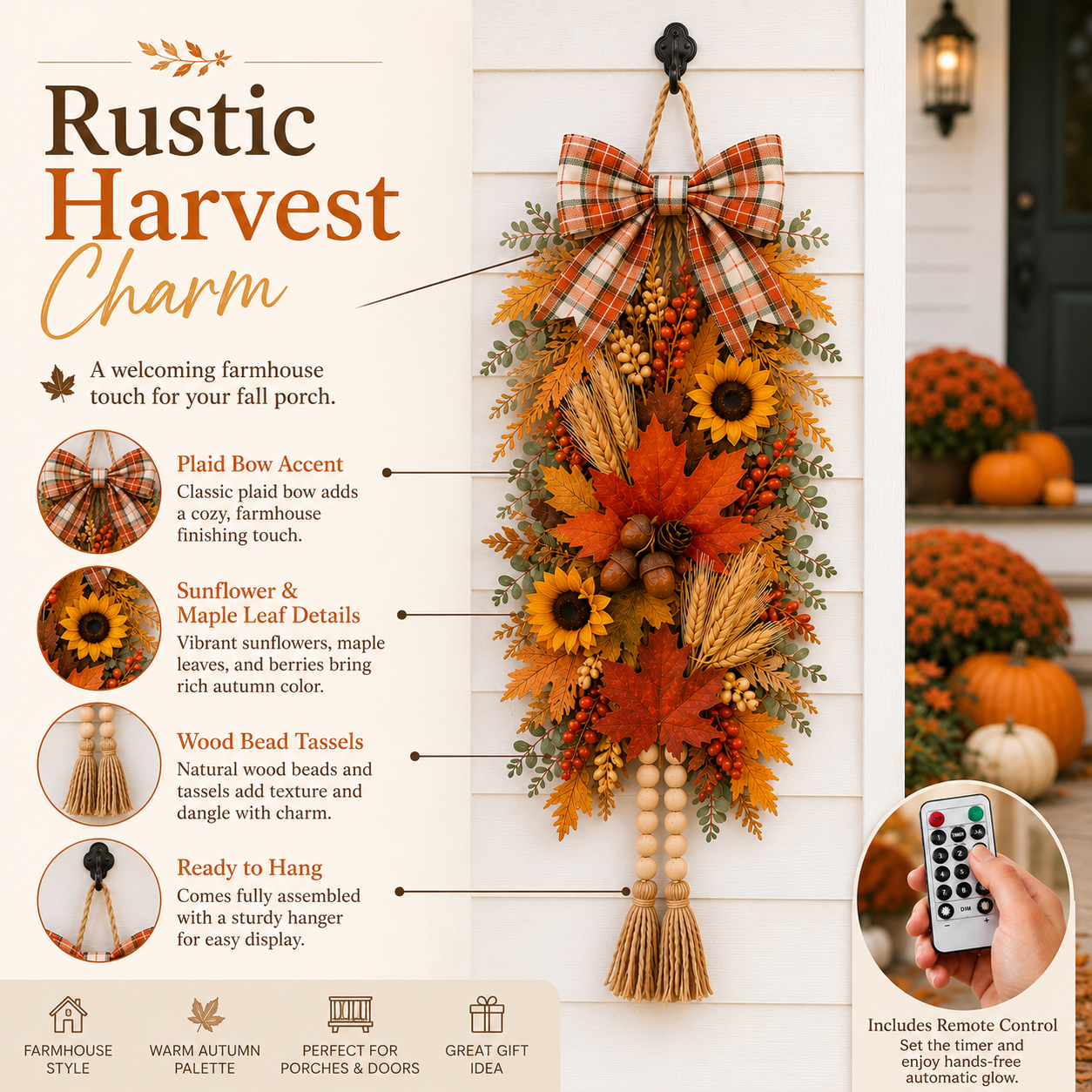 🍂🌻 Country-Style Harvest Door Hanging Decoration with Warm Lights