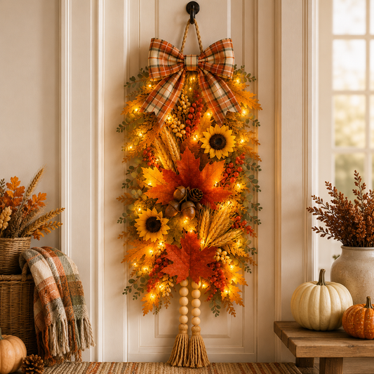 🍂✨Country-Style Harvest Door Hanging Decoration with Warm Lights