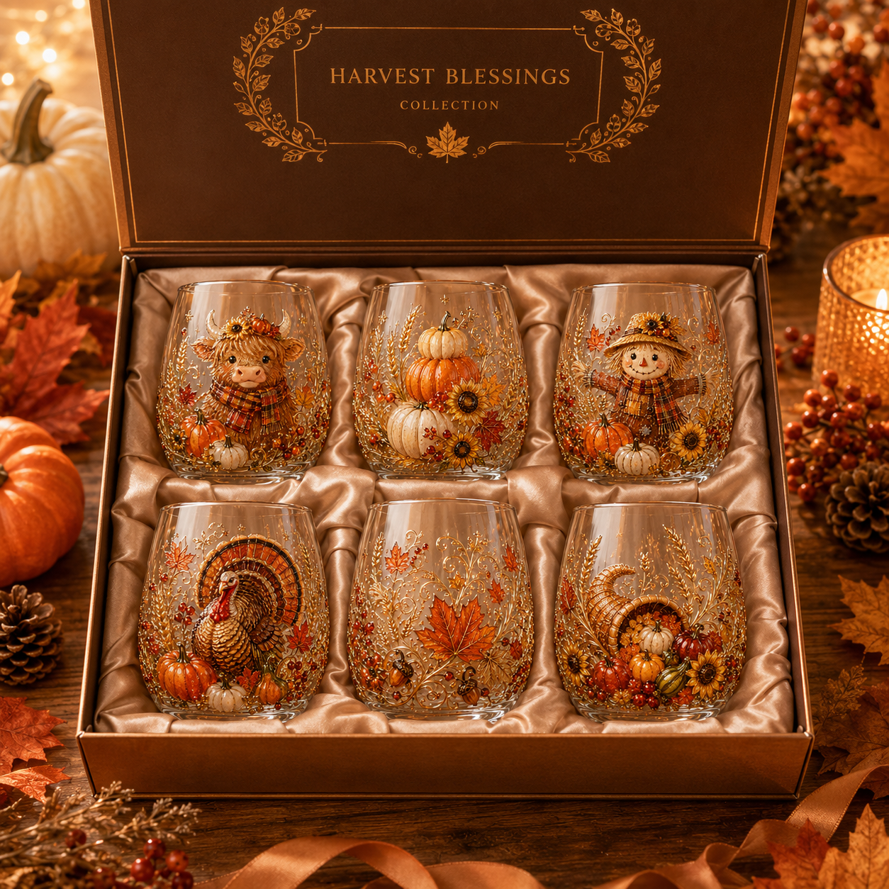 🐮🎃🍂3D Highland Buffalo Autumn Harvest Glass Art Cup