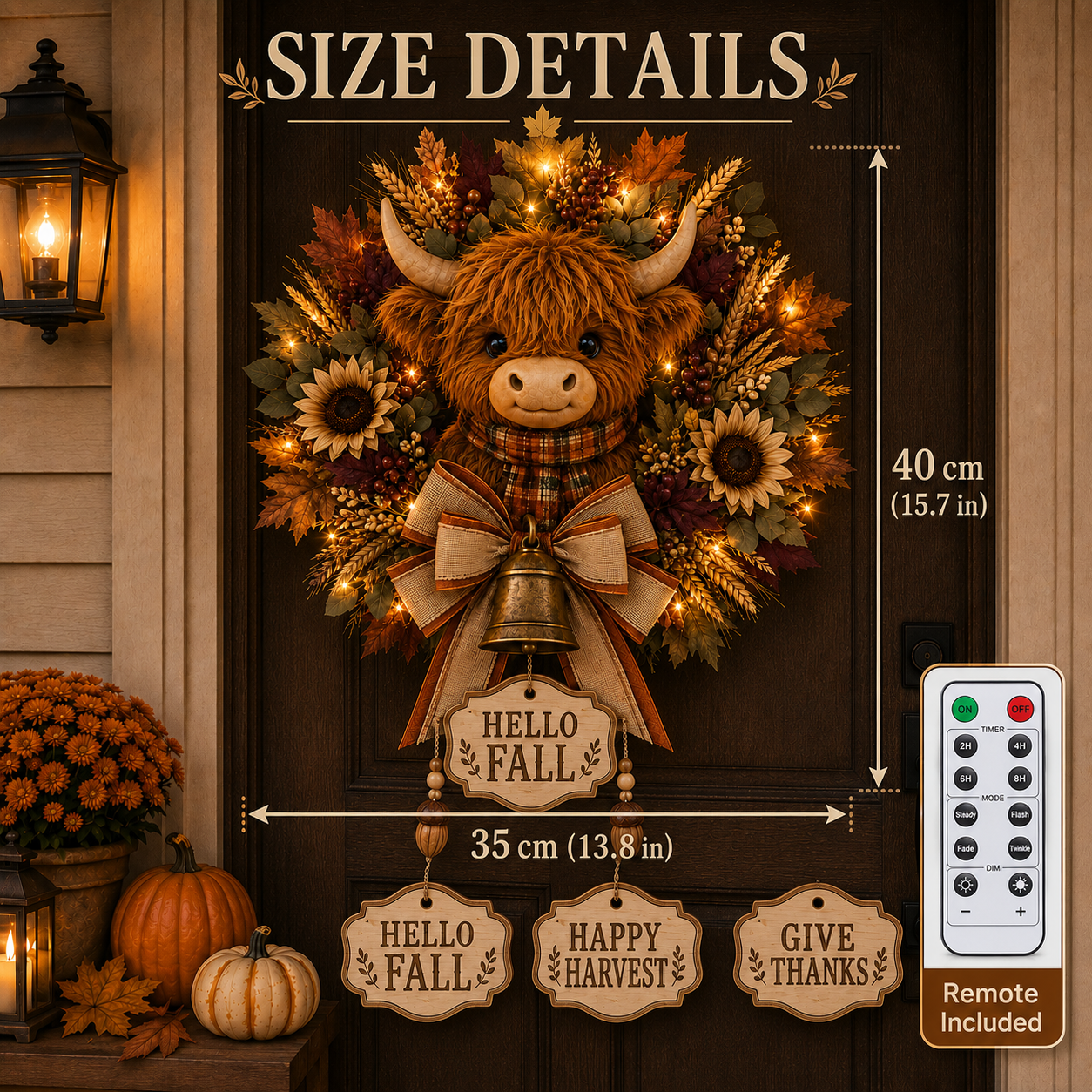 🐮🍂 Highland Cow Harvest Wreath with Warm Lights & 3 Interchangeable Plaques
