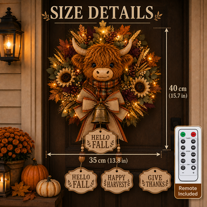 🐮🍂 Highland Cow Harvest Wreath with Warm Lights & 3 Interchangeable Plaques