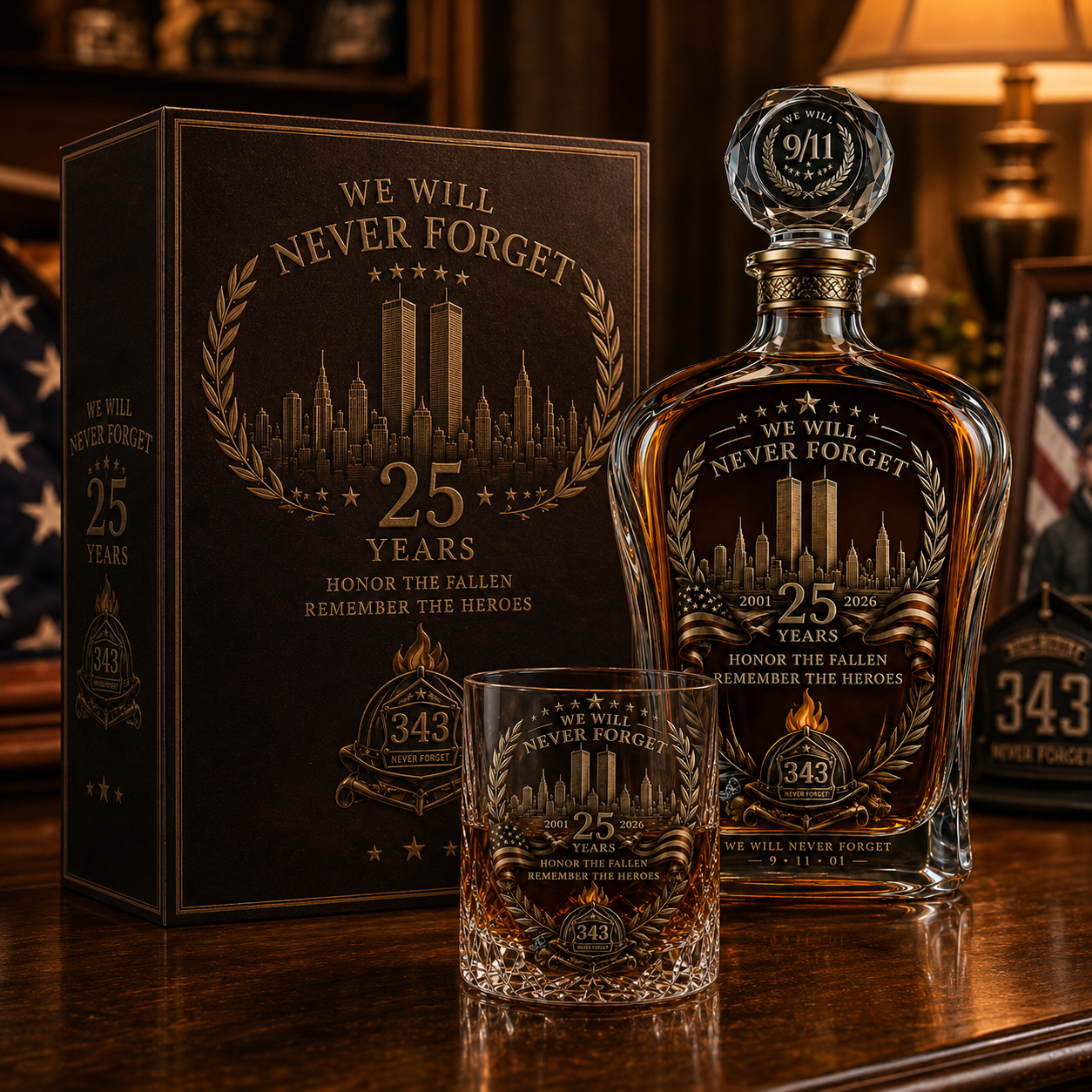 9/11 25th Anniversary memorial decanter and glass gift set