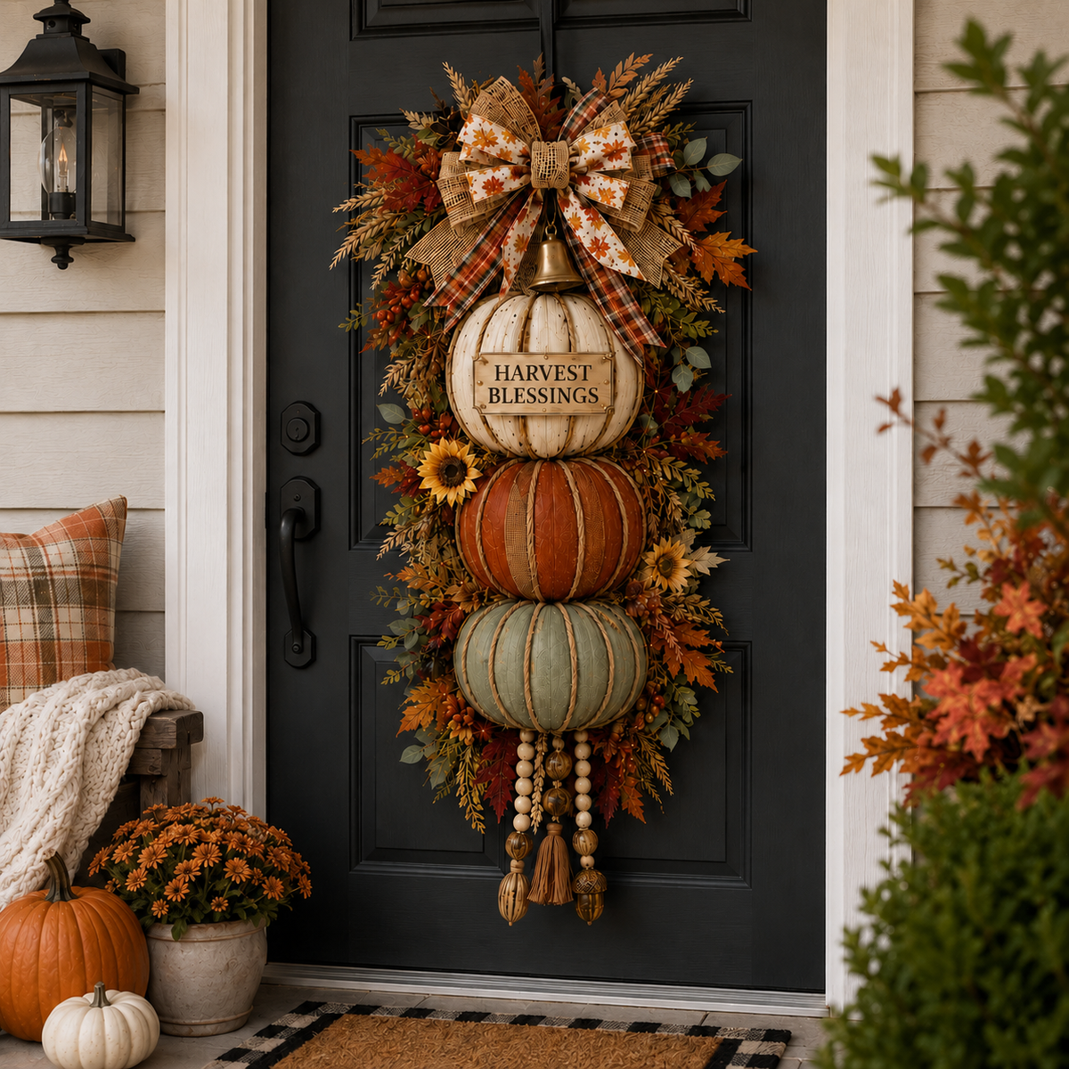 Stacked pumpkin front door decoration