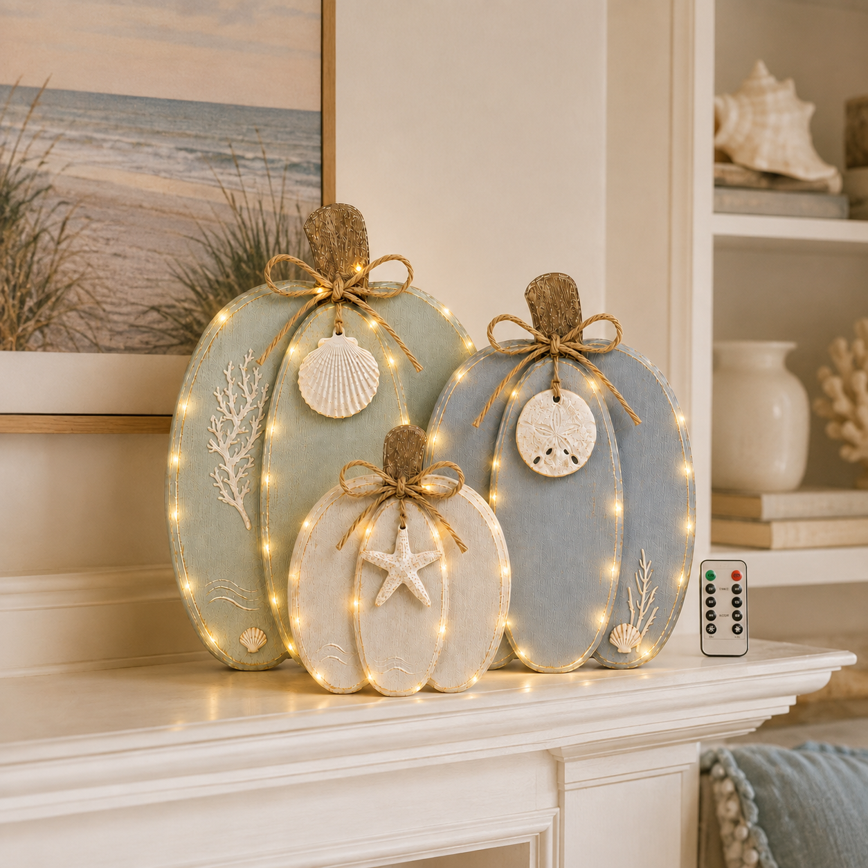 🌊🎃 Coastal Wooden Pumpkin Tabletop Decor – Set of 3 with Sea-Inspired Details