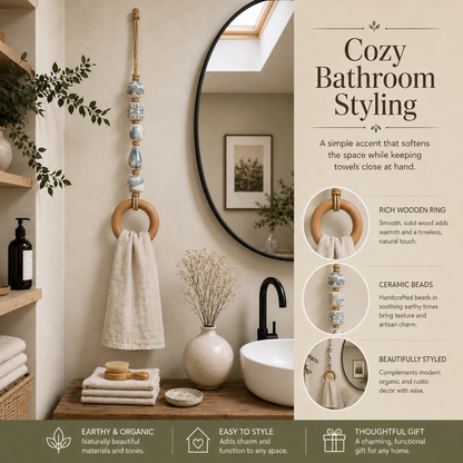 Coastal Blue Beaded Towel Hanger with Wooden Ring