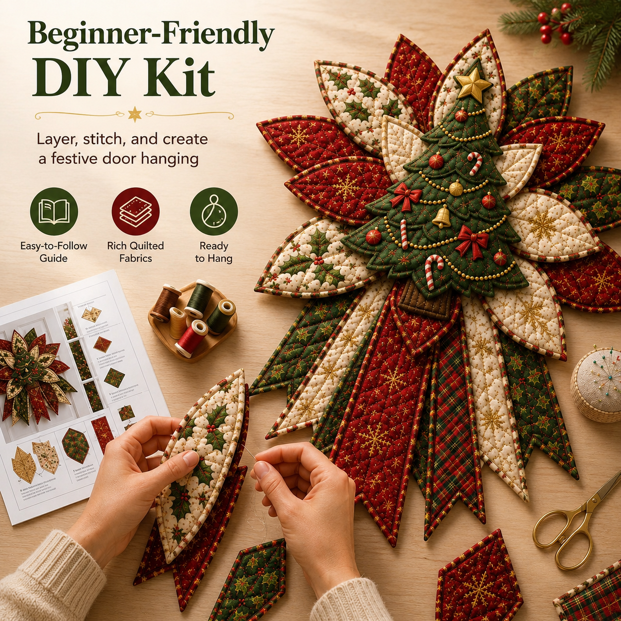 🎄💕Beginner-Friendly Oversized Christmas Character Quilted Door Hanger Sewing Kit | Complete Kit with All Tools & Step-by-Step Guide Included