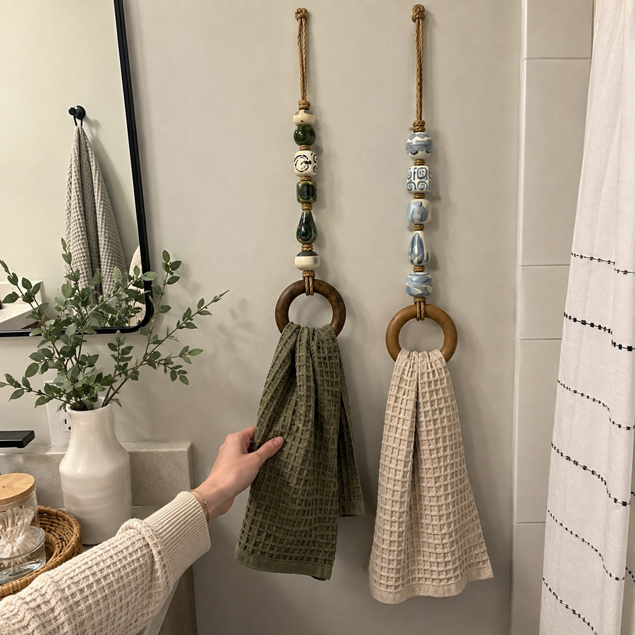 Two hanging towel holders being used in a bathroom
