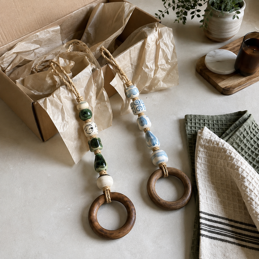 Beaded towel hangers unpacked beside folded towels