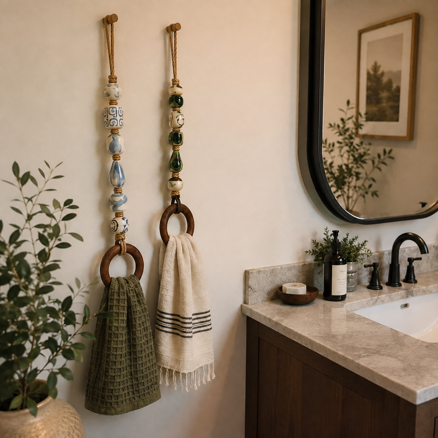 Decorative towel holders styled beside a warm bathroom vanity