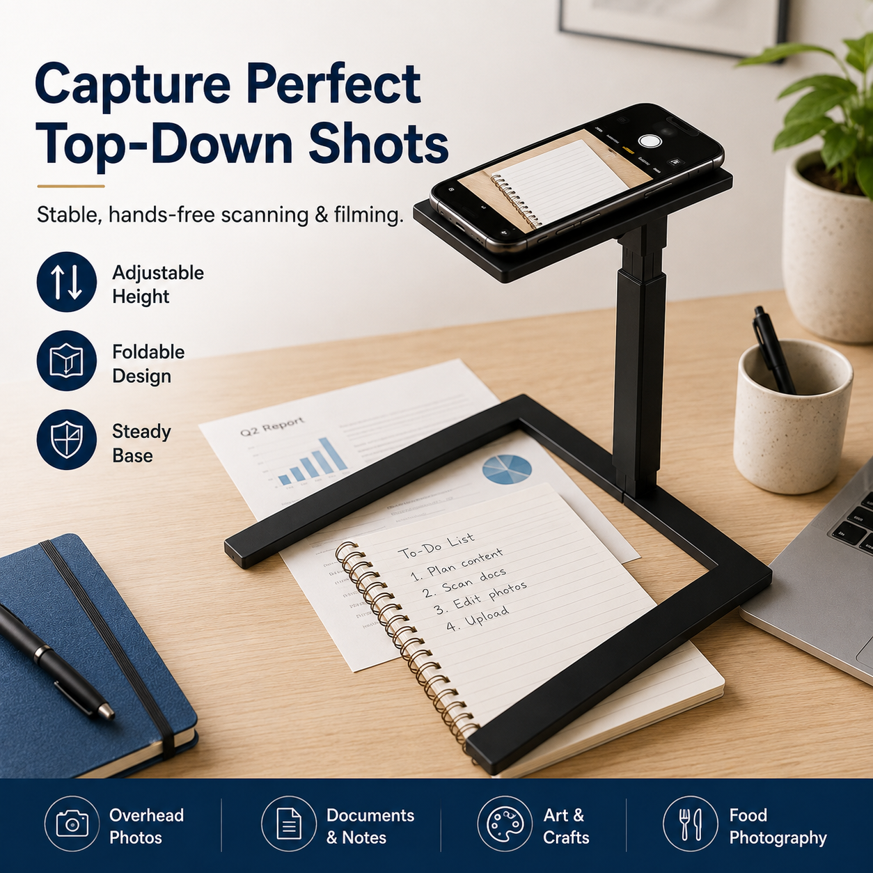 📱✨ Overhead Phone Camera Stand – Hands-Free Scanning, Filming & Content Creation