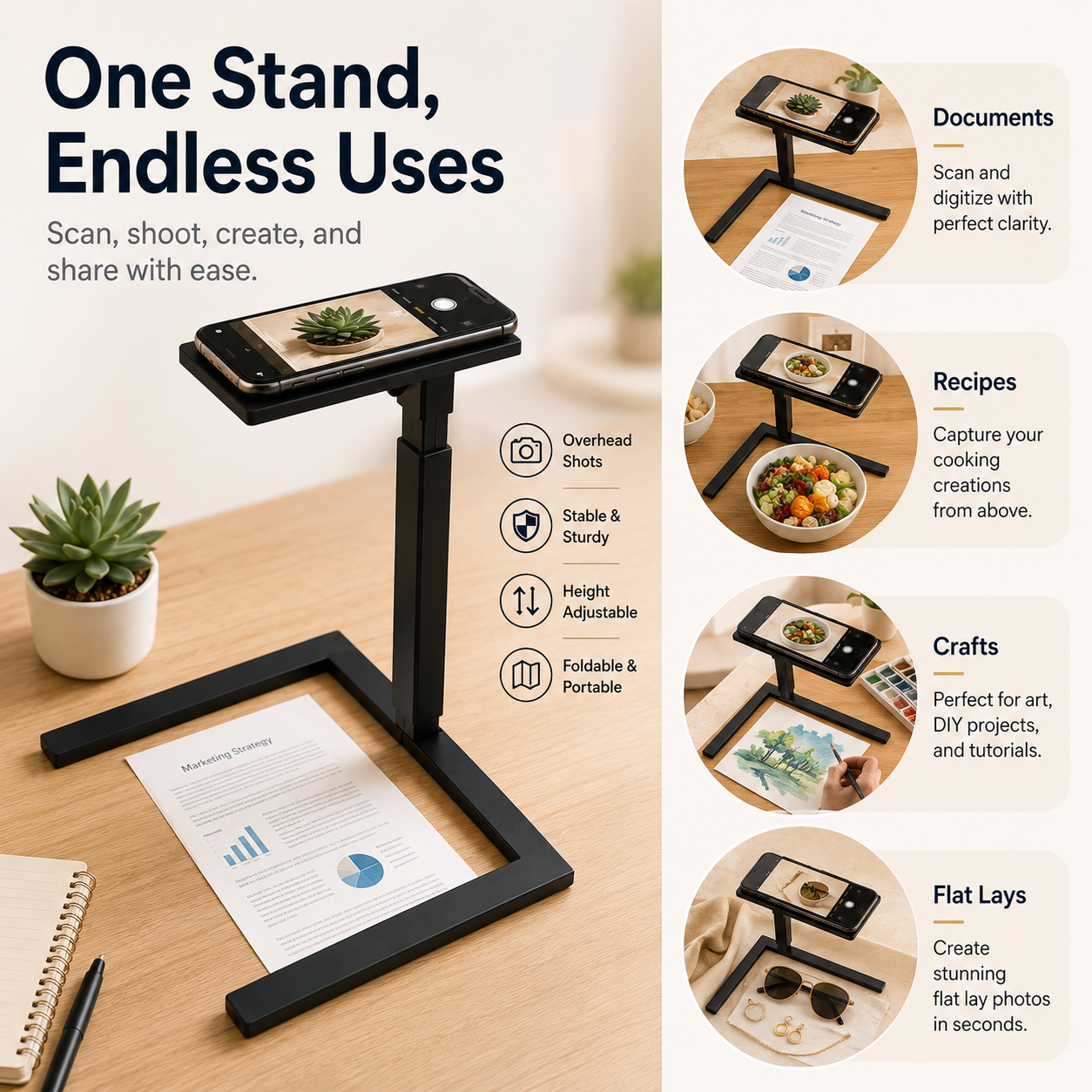 📱✨ Overhead Phone Camera Stand – Hands-Free Scanning, Filming & Content Creation