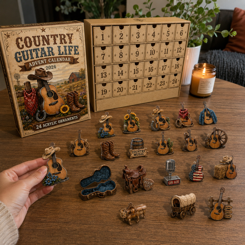 Customer holding country guitar ornament