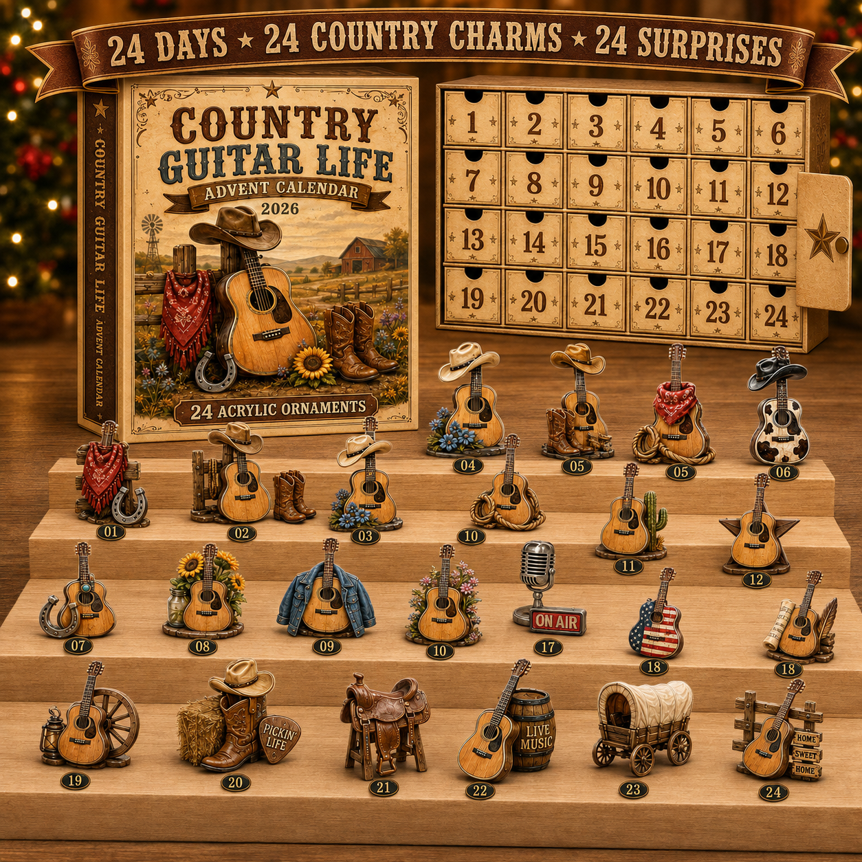 Country Guitar Advent Calendar 24 numbered daily compartments