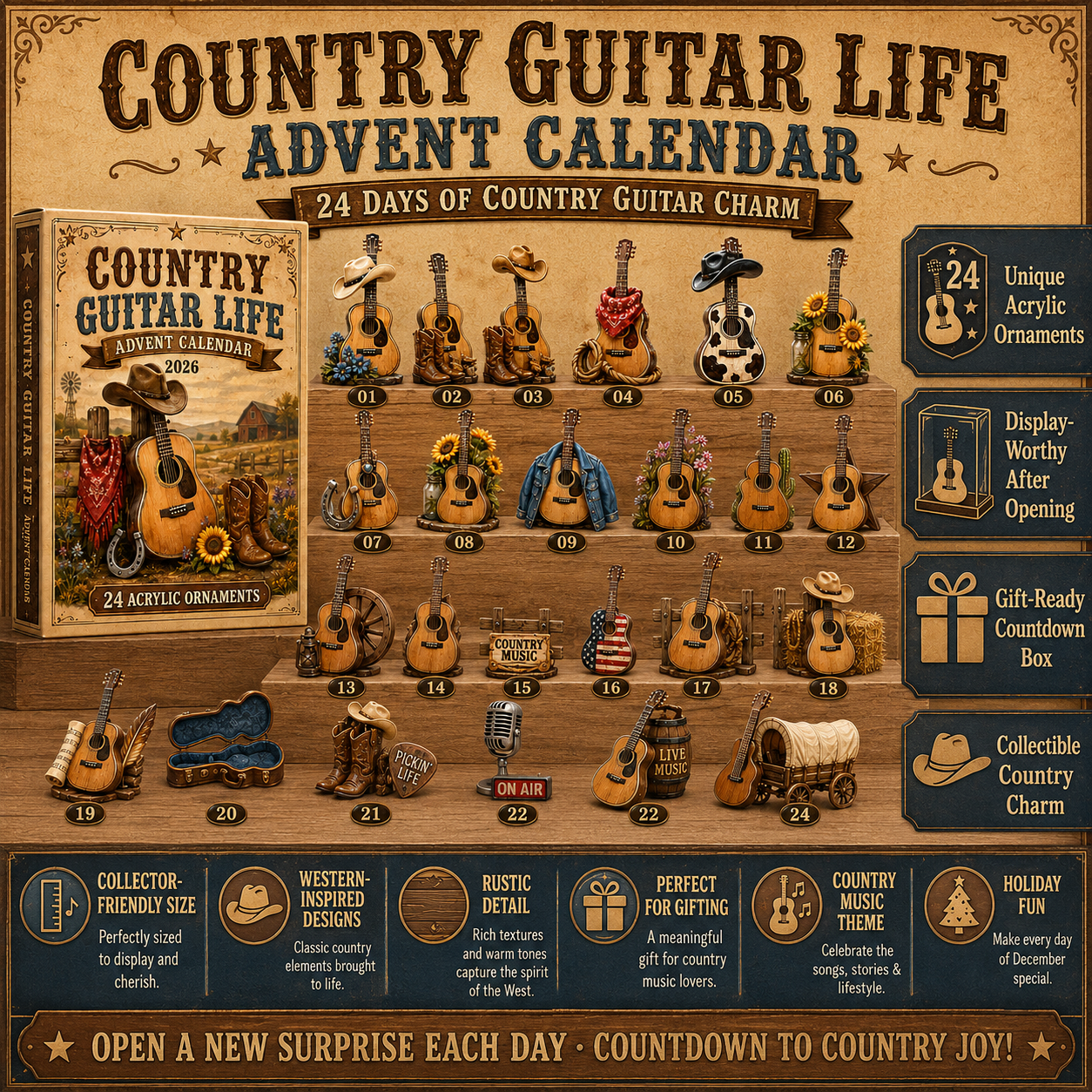 24 country guitar advent calendar ornament designs