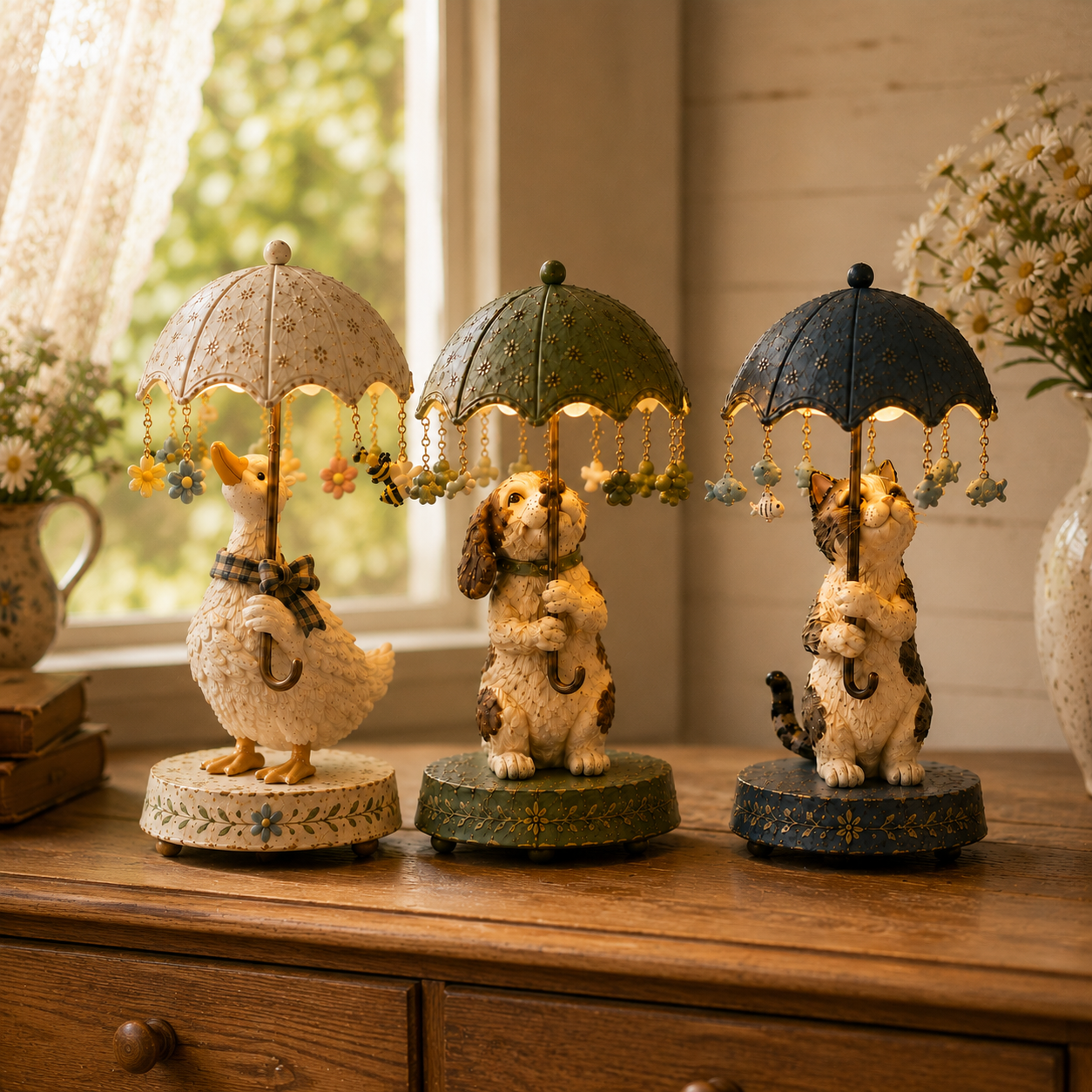 ☂️🐾 Vintage Rotating Umbrella Animal Lamp