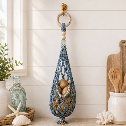 🌊🥔 Coastal Hanging Produce Storage – Handwoven Breathable Organizer with Easy Side Access